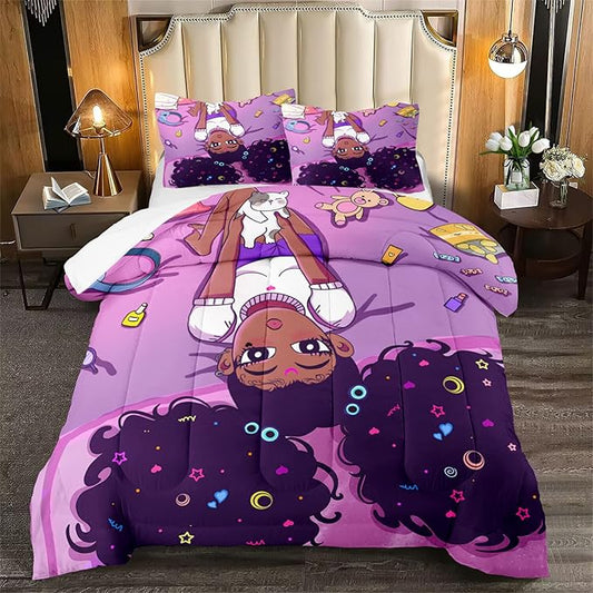 Black Girls Comforter Set for Teen Kids Adults African American Queen Size Bedroom Cute Bedding Set 1 Comforter 2 Pillowcases