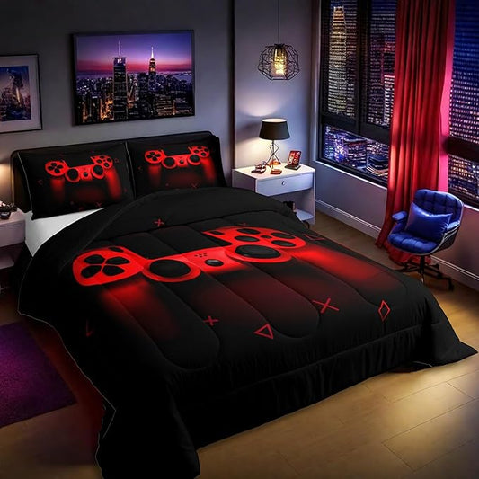 Boys Gamer Comforter Set Queen Size,Gamepad Bedding Set Kids Young Man Video Games Down Comforter for Teen Child Game Room Decor Black Red Classic Retro Gaming Quilted Duvet Set with Pillowcase