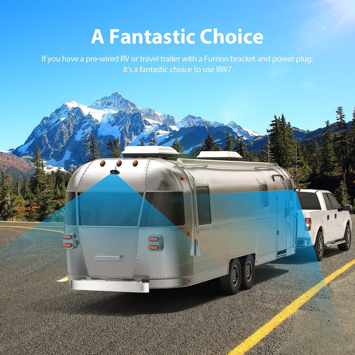 4 Cameras Wireless RV Backup System with 7-Inch Monitor, 2 Rear Sharkfin 2 Side Cameras, IR Night Vision, IP69k Waterproof Recording, Compatible with Furrion Pre-Wired RV Truck Trailer BW4