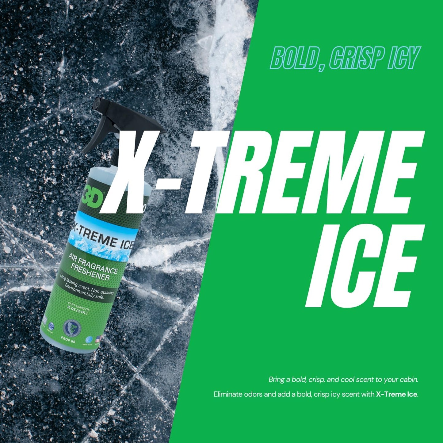 3D X-Treme Ice Air Freshener – 16oz Water-Based Spray – Long-Lasting, Non-Toxic Odor Eliminator – Safe for Pets & People – Crisp, Invigorating Scent for Cars & More