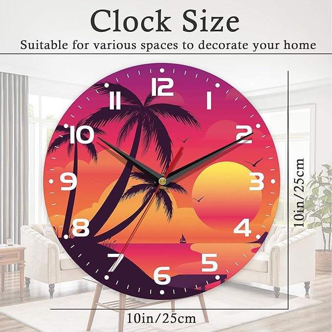 Wall Clock, 10 Inch Silent Non-Ticking Home Kitchen Decor, Battery Operated for Bathroom Bedroom Living Room Office(Tropical Palm Sunset)
