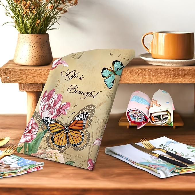 Vintage Butterfly Tea Towels, Cotton Kitchen Towel 18.9 × 27.5 inch, Quick Drying Dish Cloth for Party Anniversary Holiday Decoration Housewarming Gifts