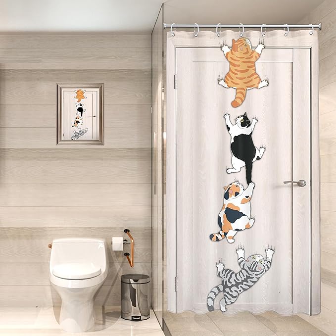 SVBright Small Stall RV Cats Shower Curtain 36Wx72L Inch Kids Funny Cute Cartoon Kitten Animal Climbing Door Kawaii Hilarious Pet 7 Pack Hooks Polyester Waterproof Fabric Bathroom Bathtub Panels