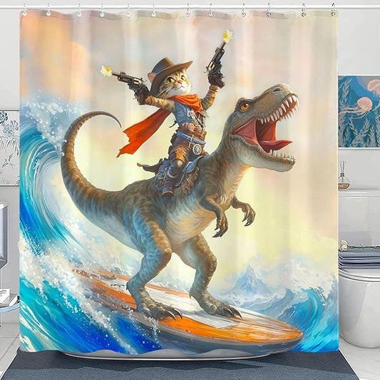 Yeoiat Cowboy Cat Shower Curtain Funny Shower Curtain Dinosaur Shower Curtains for Bathroom Fun Shower Curtain Set with 12 Hooks Dinosaur03 72×72 Inches