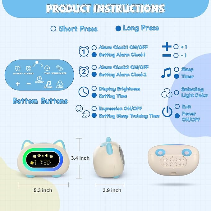 winshine Alarm Clock for Kids, Ok to Wake Clock, Toddler Sleep Training Clock with Eye Protection, 10 Night Lights, Dual Alarms, Child Lock, Snooze, Timer - Cute Cat Clock for Girls and Boys, Blue