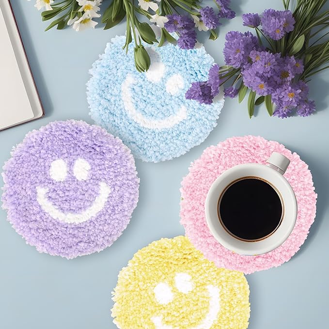 Whaline 4Pcs Smile Face Tufted Coasters Cute Preppy Drink Coasters Colorful Happy Face Cup Mat Pad for Drinks Car Desk Kitchen Home Accessories Coffee Table Gift