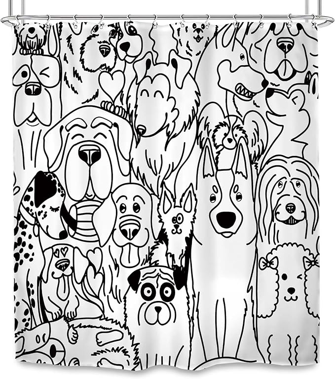 SVBright Funny Cute Dog Shower Curtain 60Wx72L Inch Cartoon Black and White Lovely Animals Silhouette for Kids Kawaii Cool Rustic 12 Pack Hooks Polyester Waterproof Fabric Bathroom Bathtub Panels