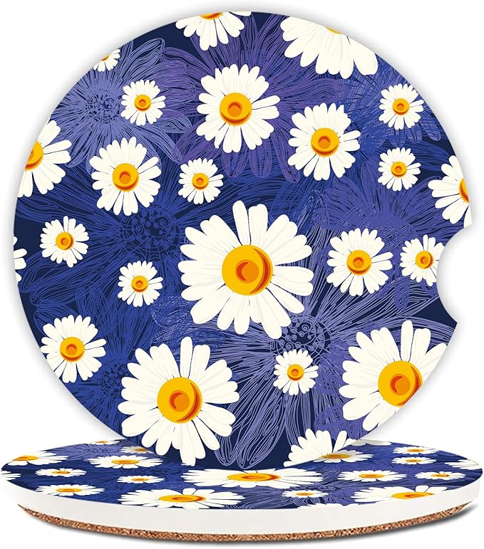 White Flowers Car Coasters for Drinks Absorbent,2 Pack Cup Holders,2.56" Ceramic Stone & Non-Scratch Cork Base Coasters,Auto Accessories for Women & Men.