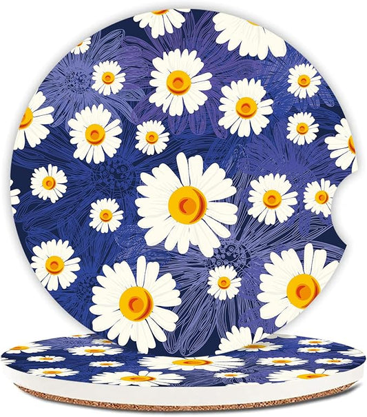 White Flowers Car Coasters for Drinks Absorbent,2 Pack Cup Holders,2.56" Ceramic Stone & Non-Scratch Cork Base Coasters,Auto Accessories for Women & Men.