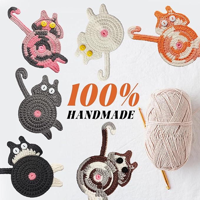 4Pcs Drink Coasters Cute Cat Design Coaster Funny Crochet Mug Coaster, Absorbent Hand Woven Drink Mat for Decoration, Lovers Gifts for Women Drink Cup Non-Slip Heat-Resistant (4Pcs)