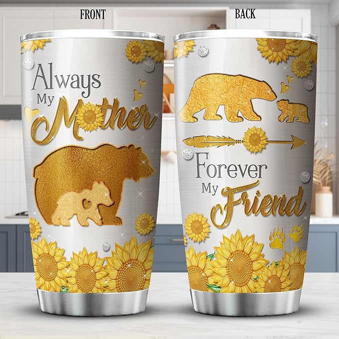 ZOXIX Sunflower Mama Bear Tumbler With Lid Jewelry Style Gift For Mom From Daughter Always My Mother Forever My Friend Stainless Steel Coffee Travel Cup 20oz Mommy Mothers Day Mug