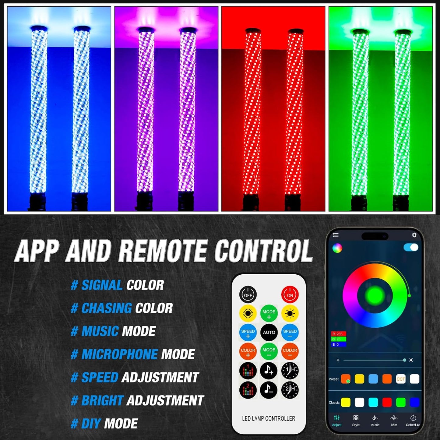 DREAMIZER 2PCS 2FT Fat Whip Lights 360°Spiral Chase Offroad Warning Lighted Antenna LED Whips Side by Side with Turn Signal Brake Reserving Lights for UTV ATV RZR Can-Am SXS Polaris Offroad Truck