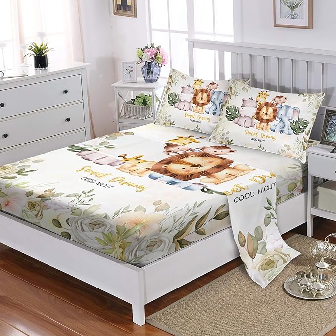 Wild Animal Hippo Sheet 4Pcs Cute Elephant Lion Flower Bedding Twin Kawaii Giraffe Sheet Set for Kid Teen Girl Boy Bed Decor Monkey Bedspread with1 Flat Sheet and 1 Fitted Sheet+2 Pillowcases