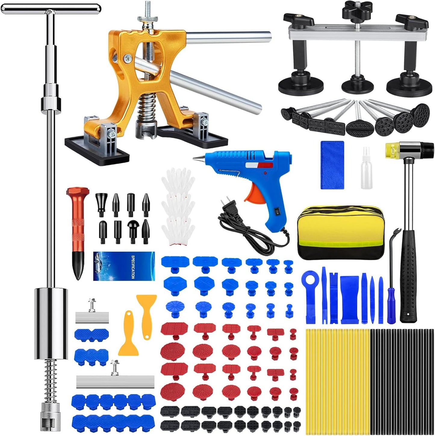 134PCS Dent Puller, Paintless Dent Removal Kit – All-in-One Car Dent Puller Kit with Slide Hammer 2 in 1 T-Bar, Golden Lifter, Bridge Puller–Dent Repair for Hail, Dings