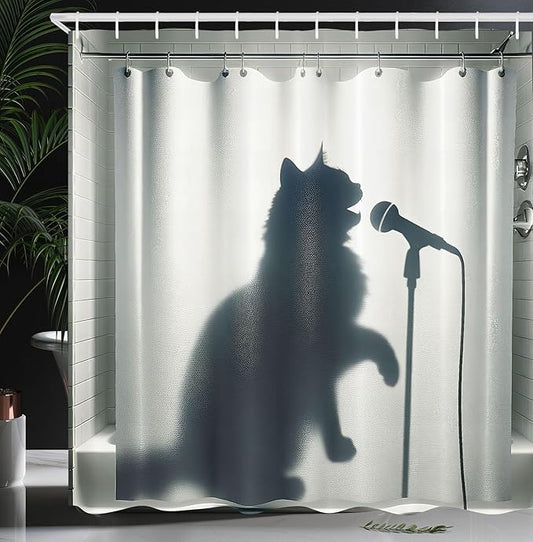 Ambesonne Cat Shower Curtain, Shadow of a Singing Kitty Funny Bath Time Musician Animal Humorous Joke, Cloth Fabric Bathroom Decor Set with Hooks, 69" W x 75" L, Dark Blue Grey Off White