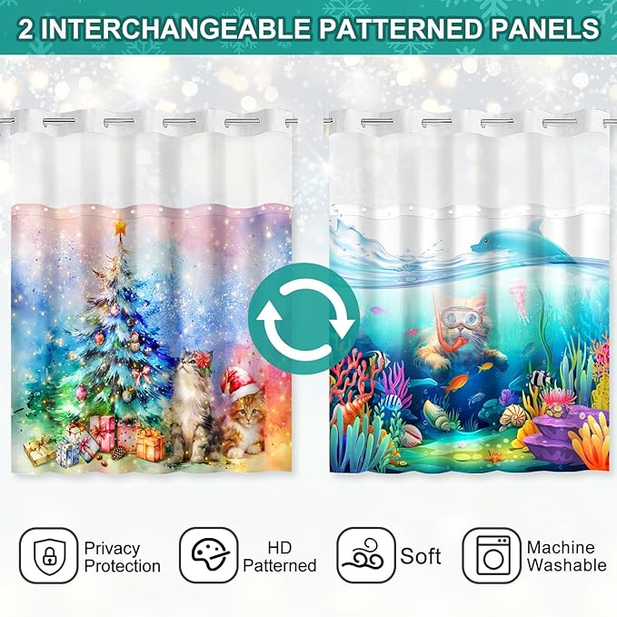 Vimorco No Hook Shower Curtain and Liner Set, 2 Interchangeable Patterns Shower Curtain with Snap (Christmas Tree Cat & Cute Diving Cat) Fabric Waterproof, 71x74 Inch, 2025 New
