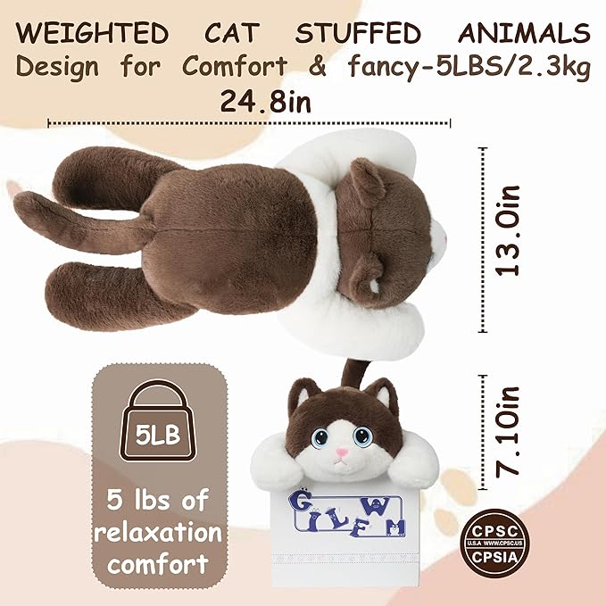 Weighted Stuffed Animals Cat - 25" Big Toy Pillow Plushie Gifts for Kids Boys Girls & Adults, 5 lbs Ultra-Soft Washable Plush Pillowfort