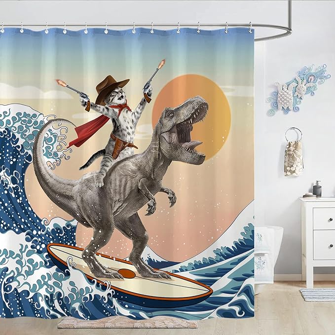 Yeoiat Funny Cat Shower Curtain Cool Cat Riding Dinosaur Surfing in Ocean Wave, Cute Shower Curtain Set 12 Hooks for Bathroom Decor, (Blue, 72"x72")