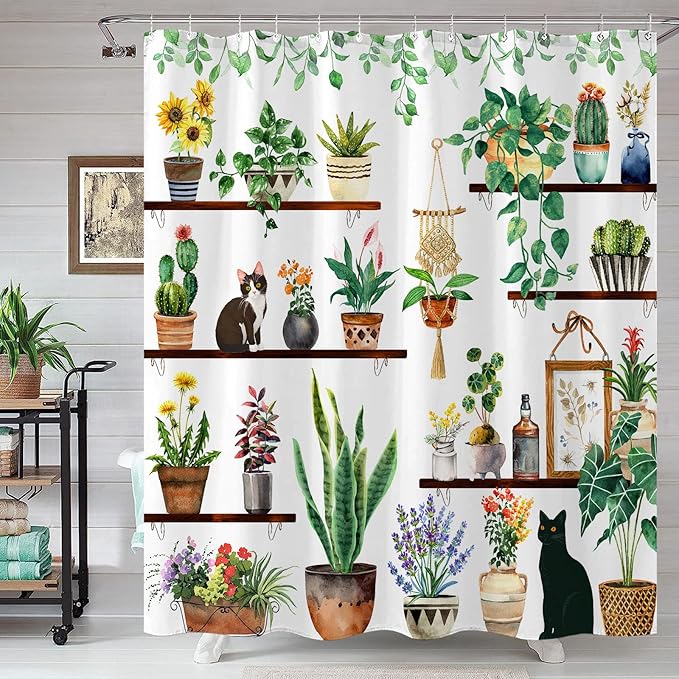 Yeoiat Plants Cat Shower Curtain Cute Shower Curtain for Bathroom with 12 Hooks Polyester Fabric Waterproof Shower Curtains for Bathroom Decoration (White, 72"x72")