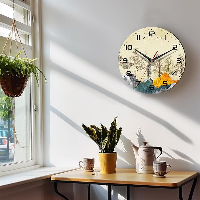 Wall Clock, 10 Inch Silent Non-Ticking Home Kitchen Decor, Battery Operated for Bathroom Bedroom Living Room Office(Golden Forest Mountain)