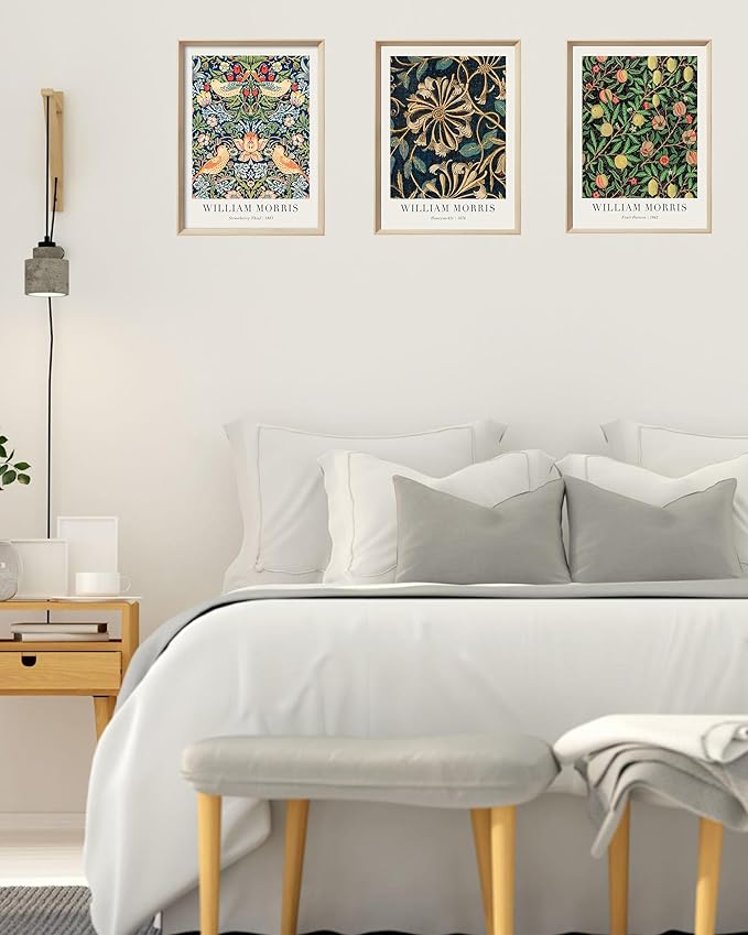 UPWOIGH Framed Vintage Wall Art, 16x12in William Morris Wood Canvas Wall Decor, Gold Strawberry Thief Wall Art, Birds Botanical Cotton Prints Poster for Living Room Bedroom,Bathroom