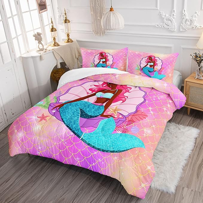 Bedding Comforter Set Black Girl Magic Mermaid Printed Pattern Quilt with 1 and 2 Pillowcases for Girls Bedroom All Season(Black Pink Queen) Queen 90x90inches