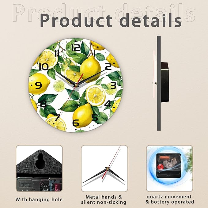 Wall Clock, Watercolor Lemon Wall Clock Silent Non-Ticking Battery Operated Clock 10 Inch, Home Decor for Living Room, Kitchen, Bedroom and Office