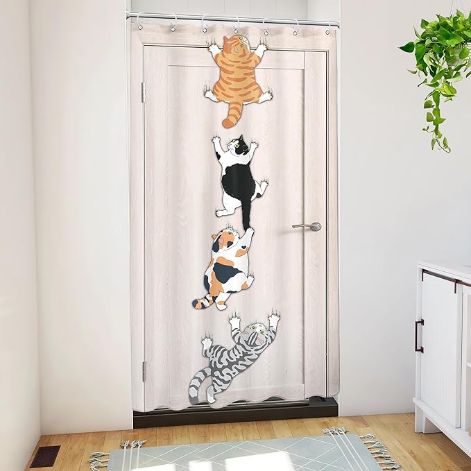 SVBright Small Stall RV Cats Shower Curtain 36Wx72L Inch Kids Funny Cute Cartoon Kitten Animal Climbing Door Kawaii Hilarious Pet 7 Pack Hooks Polyester Waterproof Fabric Bathroom Bathtub Panels