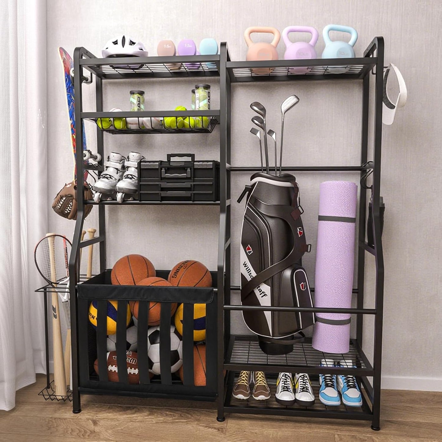 Garage Sports Equipment Organizer, Golf Bag Storage Rack, Heavy Duty Ball Holder with Basket & Hooks, Indoor/Outdoor Basketball Storage Bins for Toy Sports Gear Storage