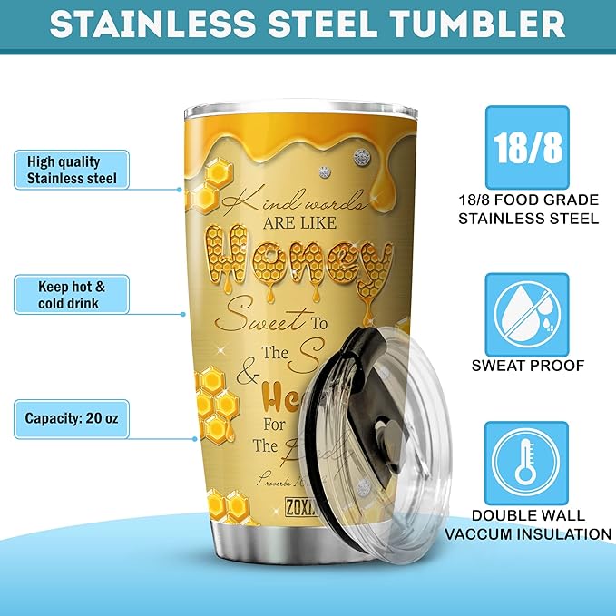 ZOXIX Bee Tumbler With Lid 20oz Jewelry Style Kind Words Are Like Honey Bee Lover Gifts Bible Verse Mug Proverbs 16 24 Christian Gifts For Women Faith Yellow Bee Themed Coffee Cup
