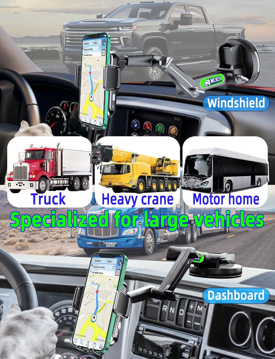 Truck Phone Holder Mount Wireless Charger Heavy Duty for Car 15W Smart Fast Charging 14 inch Long Arm Pickup Truck Windshield and Dashboard,Truck Accessories,for iPhone Samsung LG