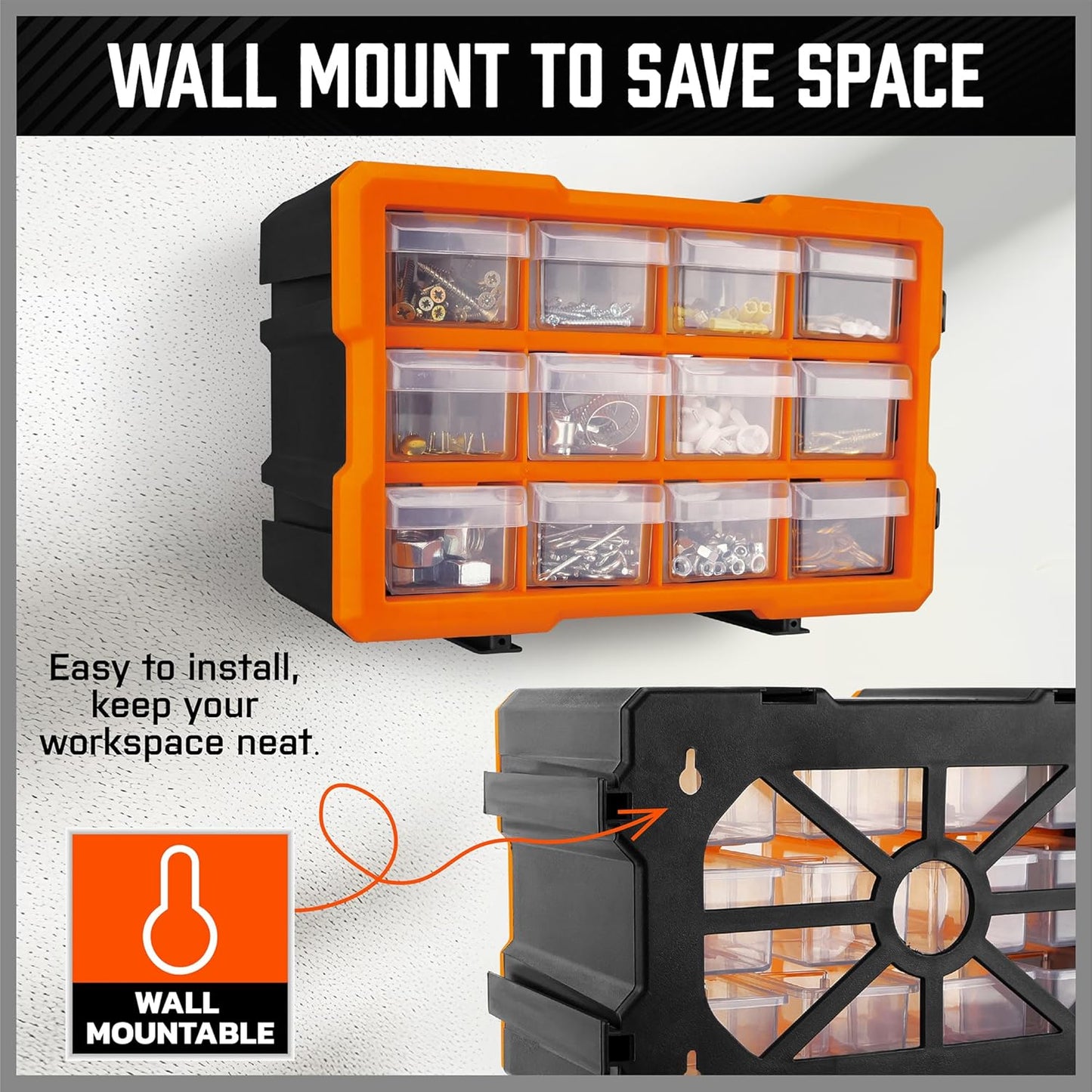 HORUSDY 16-Drawer Storage Cabinet, Wall Mountable Parts Organizer for Hardware, Tools, Screws, Beads, Crafts, Garage, and Office Storage, Customizable Dividable Drawers, Heavy-Duty & Durable