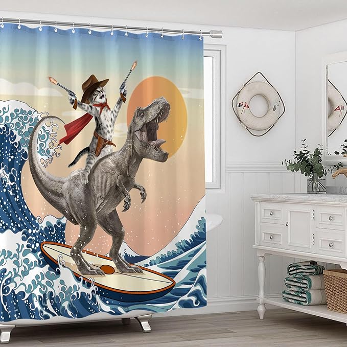 Yeoiat Funny Cat Shower Curtain Cool Cat Riding Dinosaur Surfing in Ocean Wave, Cute Shower Curtain Set 12 Hooks for Bathroom Decor, (Blue, 72"x72")