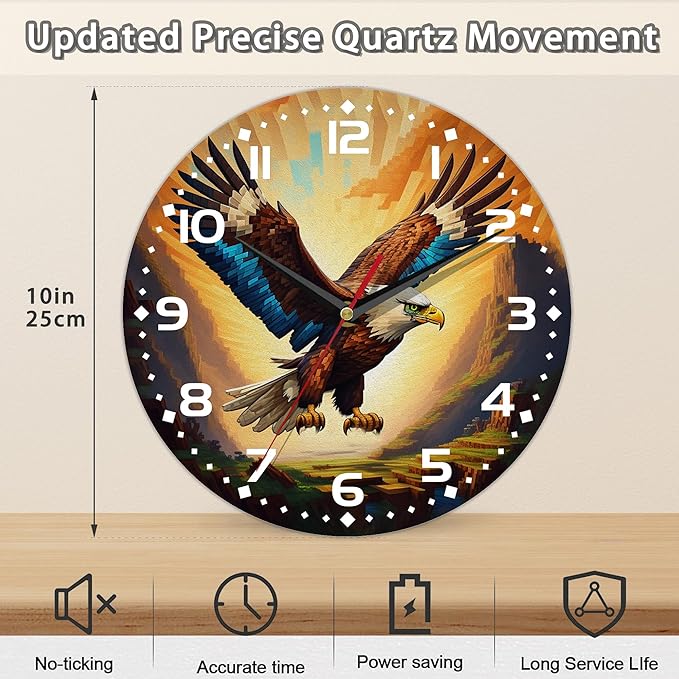 Wall Clock, Abstract Colorful Eagle Flying Wall Clock Silent Non-Ticking Battery Operated Clock 10 Inch, Home Decor for Living Room, Kitchen, Bedroom and Office