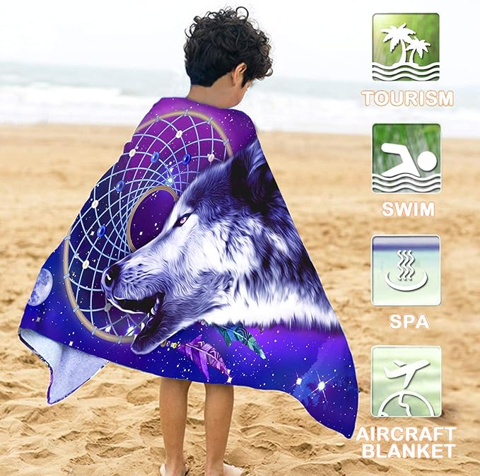Bonsai Tree Wolf Beach Towel, Cool Dream Catcher Microfiber Bath Towel Gifts for Boys Kids, Funny Blue Purple Galaxy Space Animals Sand Free Quick Dry Travel Towels for Mens Pool Sports 30" x 60"