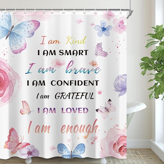 Watercolor Butterfly Inspirational Quote Shower Curtain Sets for Bathroom 60Wx72H Colorful Flower Floral Butterfly Shower Curtain Girls Bathtub Curtain Motivational Positive Bathroom Decor