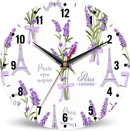 SPUNKER Clocks for Living Room,Lavender Flowers Wall Clock Battery Operated 10 Inch,Eiffel Tower Round Clock Silent Non-Ticking Wall Decor for Farmhouse Office Home School Living Room Bedroom
