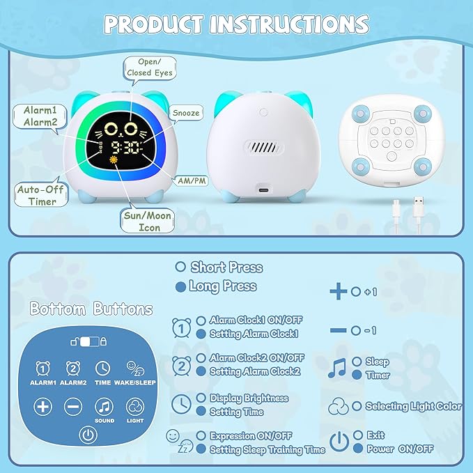 winshine Kids Alarm Clock Cat, OK to Wake Clock with Night Light for Kids, Stay in Bed Clock Sleep Training, Nap Timer, Cute Kids Room Decor, Gift Ideas for Kids Toddler Boy Girl (Blue)