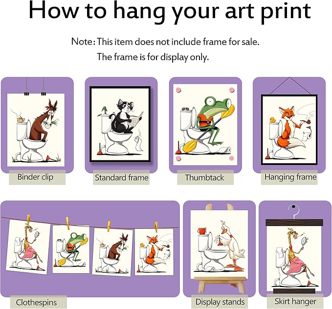 Bathroom Wall Art Animal Prints Toilet Decor Set of 6 Canvas Posters Cute Pictures Photos Bathroom Artwork Wall Colourful Funny Fox Cat Frog Goose Giraffe Horse in Toilet Illustration Wall Decor for