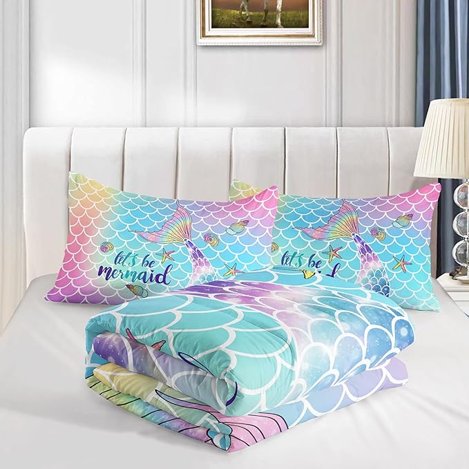 Bedding Comforter Set Rainbow Scales Mermaid Printed Pattern Bedding Set with 1 Comforter and 2 Pillowcases for Girls Bedroom All Season(Rainbow Scales Mermaid Twin), 68x86inches