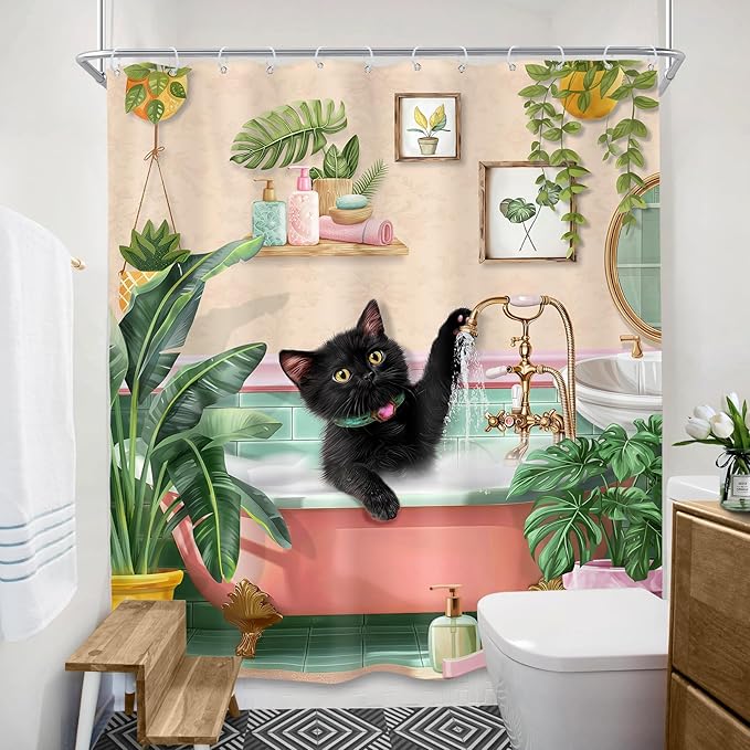 SVBright Pink Cat Shower Curtain 60Wx72L Inch Kids Black Cat Lover in Bathtub Kitten Cute Cartoon Animal Lovrely Vintage Pet Girl 12 Pack Hooks Polyester Waterproof Fabric Bathroom Bathtub Panels