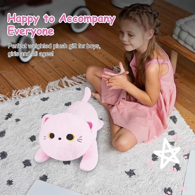 Weighted Cat Plush,Weighted Pink Cat Stuffed Animal for Kids,Kawaii Large Cat Hugging Weighted Plush Pillow Toys Gifts for Kids,18 Inch,2 Lbs