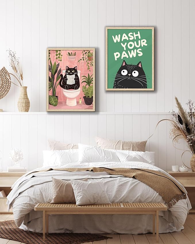 UPWOIGH Beige OAK Framed Wall Art Decor, Black Cat WASH YOUR PAWS Funny Wall Art, Waterproof Wood Framed Canvas Wall Art Animals Abstract Prints, 12"x16"High-end Pictures for Bedroom Bathroom 1 Pack