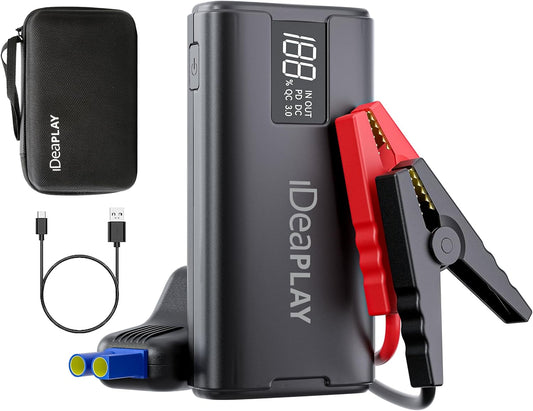 IDEAPLAY J10 Jump Starter, 2000A 12V Car Battery Jump Starter Portable for Up to 8.0L Gas and 7.0L Diesel Engine, Jump Box with Jumper Cables, Type C Fast Charging Battery Jumper with LED Flashlight