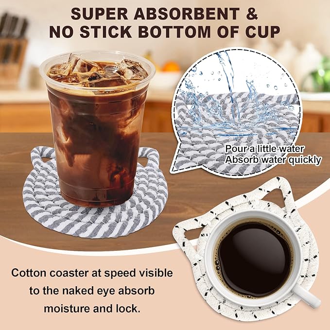 Whaline Cat Ears Coaster Set Cat Ear Shape Handmade Braided Cotton Coasters White Grey Non-Slip Absorbent Drink Coaster with Holder for Spring Mother's Day Birthday Housewarming Gifts Home Decor, 4Pcs