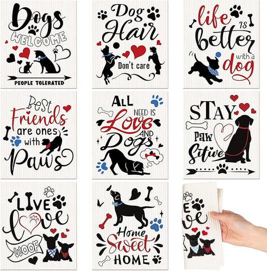 8 count Swedish Kitchen Dishcloths Towels Reusable Swedish Absorbent Sponge Cleaning Dish Cloths Quick Drying Kitchen Washable Decorative for Animal Lover Gifts for Women Hand Towel(Dog)