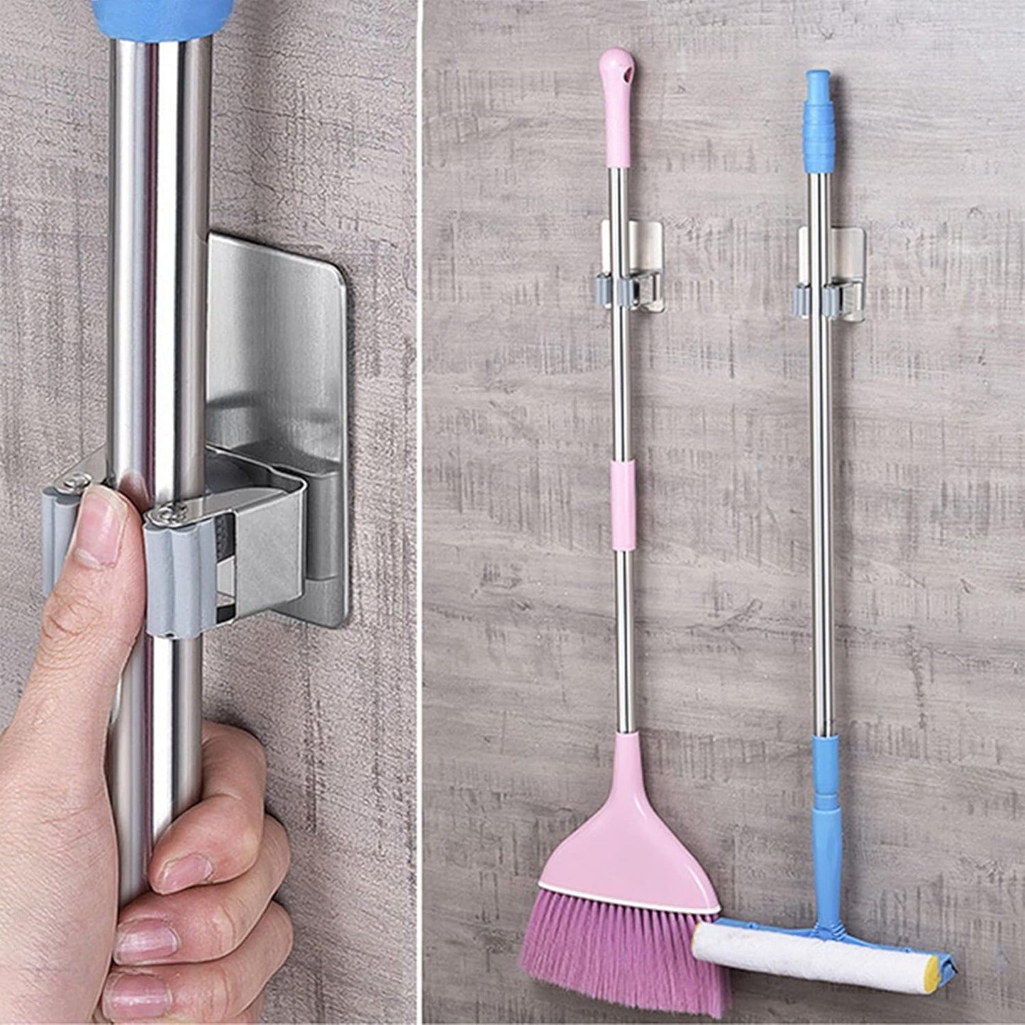 HANZE 4 Pack Stainless Steel Mop Broom Holder Organizer, Self Adhesive Wall Mounted Mop Organizer Storage Rack Clip for Kitchen Bathroom and Garage (Rectangle, Large)