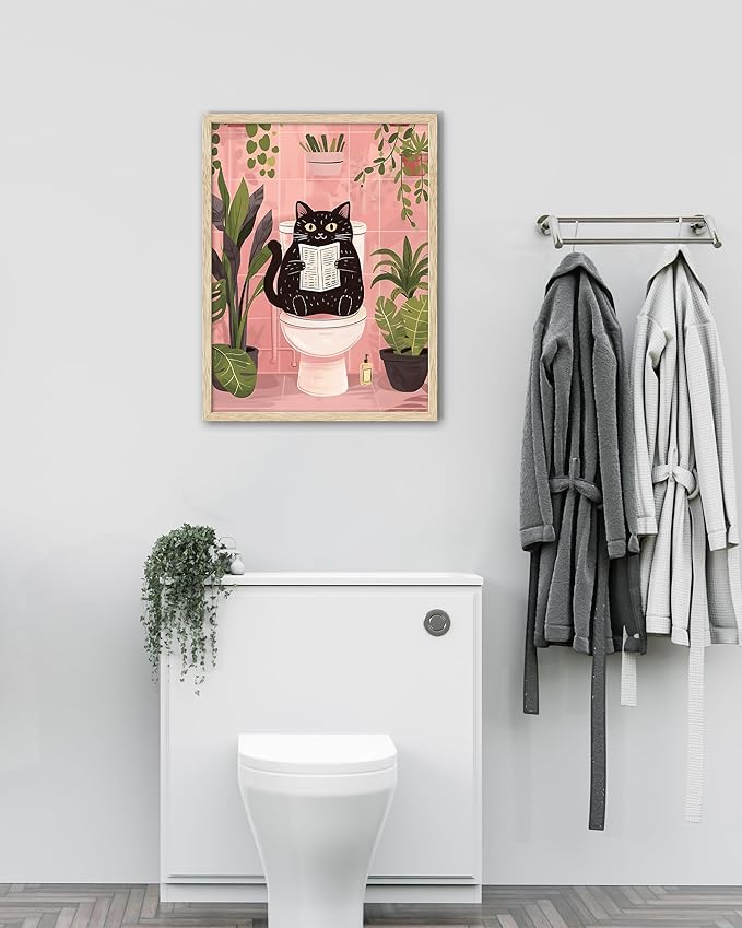 UPWOIGH Beige OAK Framed Wall Art, Black Cat Reading the Newspaper Poster, Wood Canvas Wall Decor,Animals Abstract Prints, 12"x16"High-end Pictures for Bathroom Bedroom,1 Pack