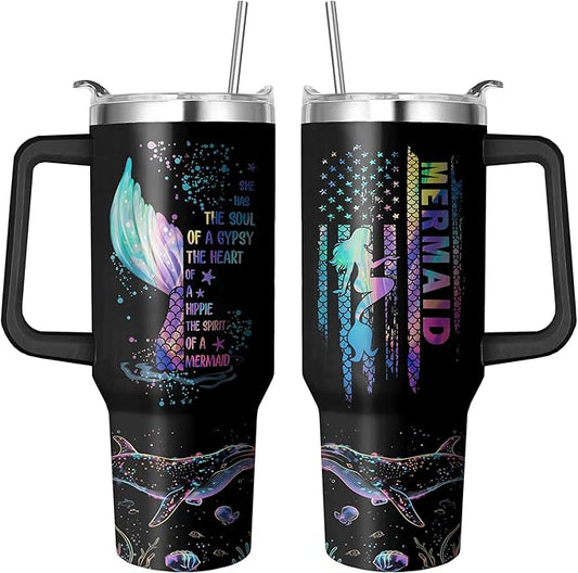 40 Oz Mermaid Tumbler with Handle and Straw, Double Wall Stainless Steel Mermaid Mug, Mermaid Cups Insulated Mermaid Coffee Mug, 40 Oz Leak Proof Mermaid Coffee Cup and Mermaid Gifts for Women