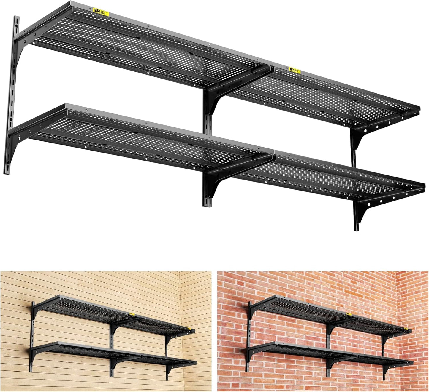 2-Pack×2 Tier 1.3x3ft Garage Shelving Wall Mounted, 800 lbs Load Capacity，15.6x36inch per Shelf Height Cassette Adjustable Floating Shelves（Total 4pcs）(Black)